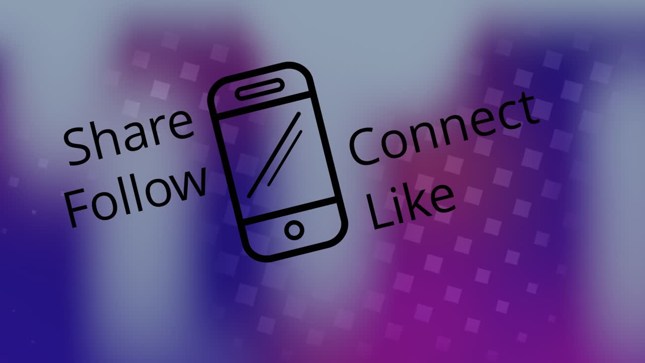 Animazione di icona di smartphone e testo di social media su sfondo blu