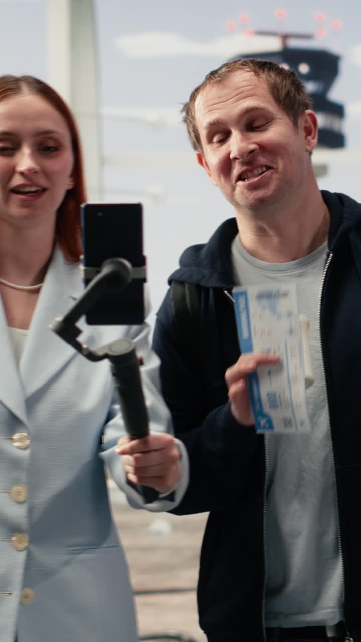 Video verticale: Coppia di influencer che registra un vlog nell'area lounge dell'aeroporto.