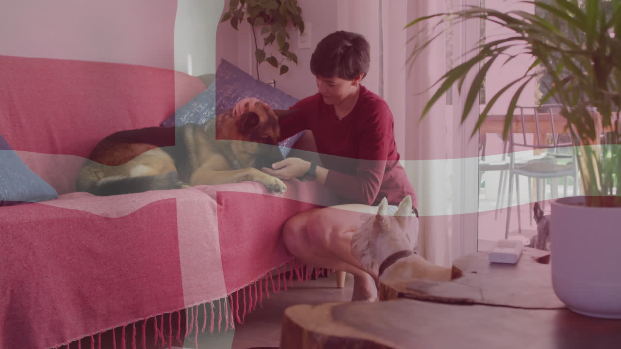 Woman petting dog on couch in health app demo, showing animated paw icons and health chart