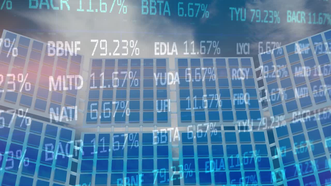 배경에 구름이 가득한 하늘에 대한 태양 패널 위의 거래 보드의 애니메이션