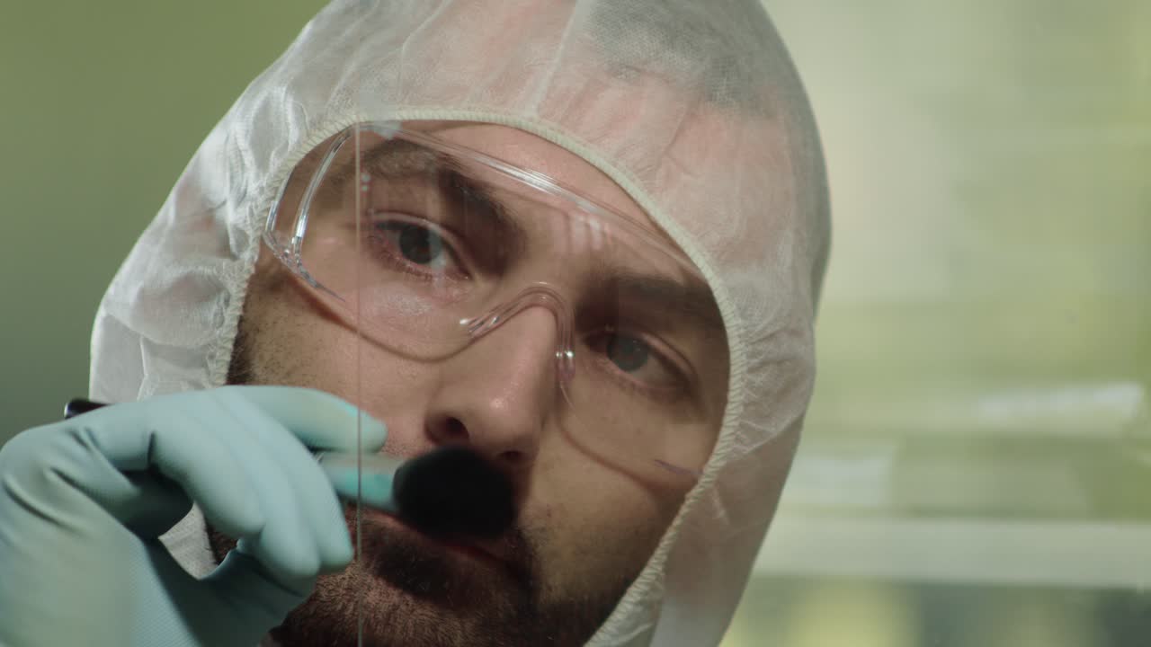 uso de pincel en análisis forense para revelar huellas dactilares en la superficie, vista de cierre