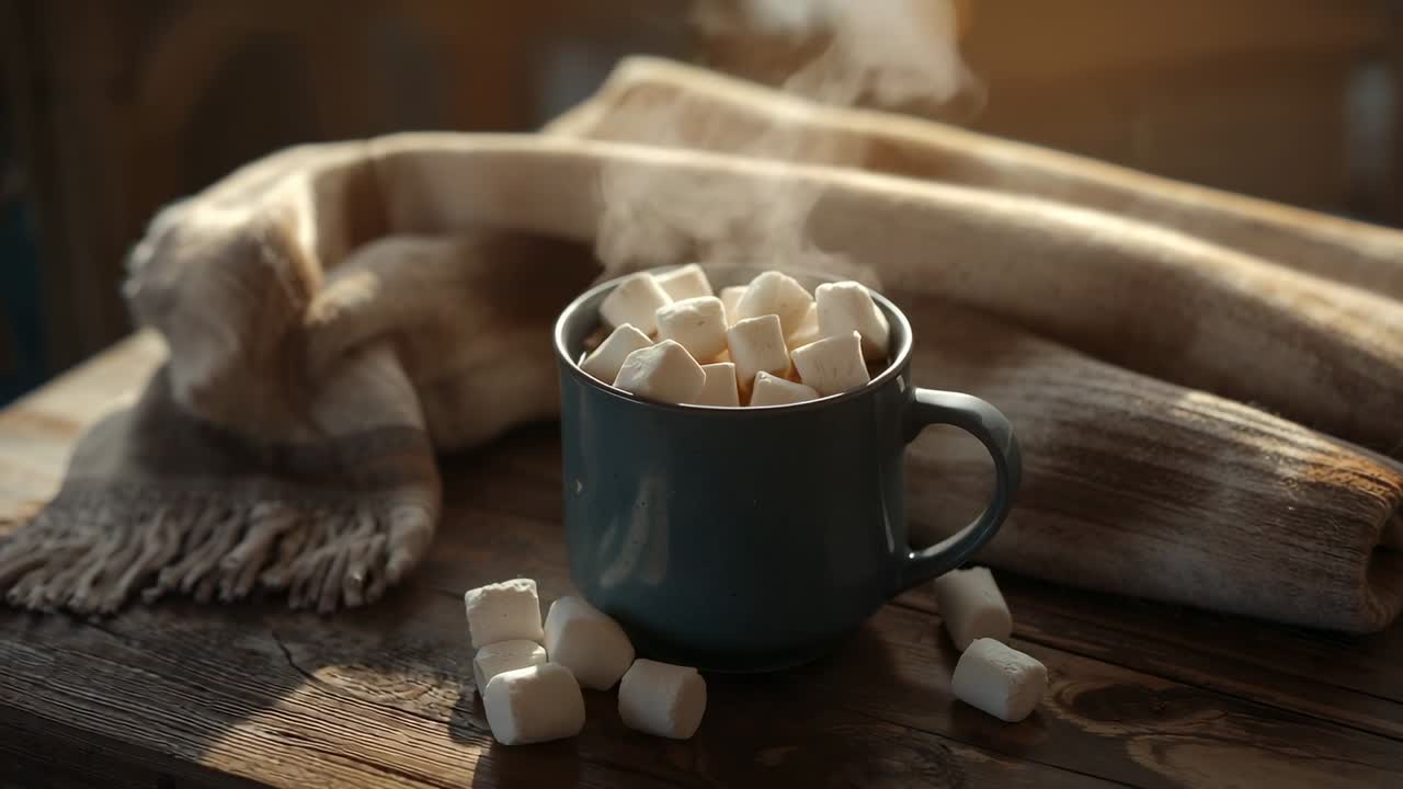 Blue mug steaming as camera panning back over wooden tabletop, with wool scarf, mini marshmallows