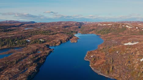 drone shot over reinsjoen lake in norway