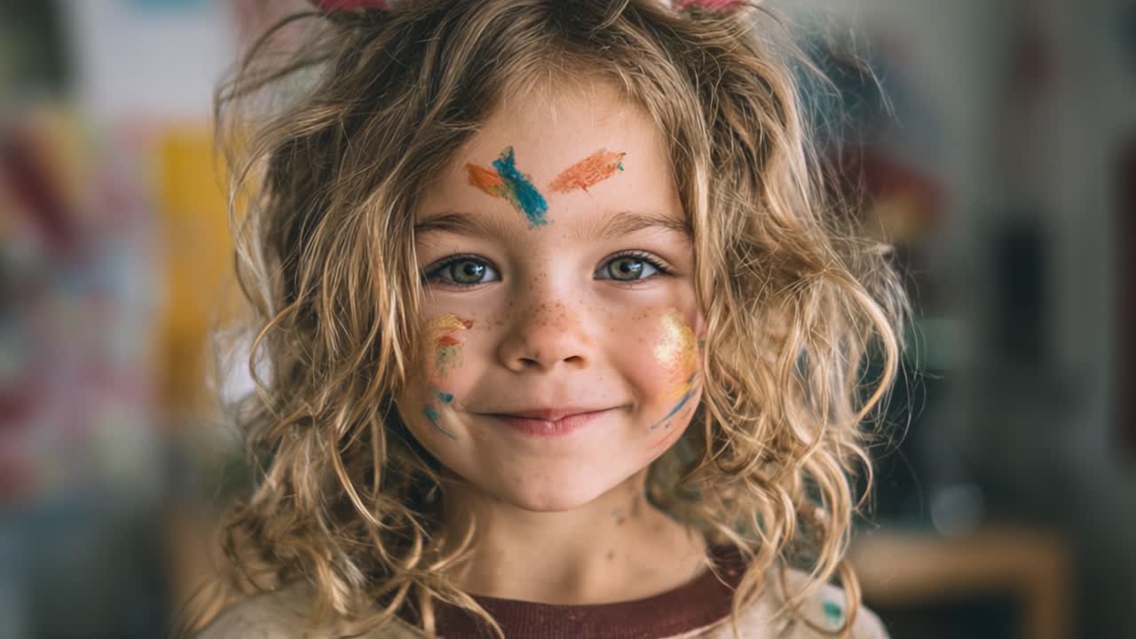 Uma Criança Alegre com Pintura Facial Colorida Sorrindo Radiantemente, Capturando a Essência da Brincadeira Criativa e Felicidade em um Ambiente Vibrante e Artístico