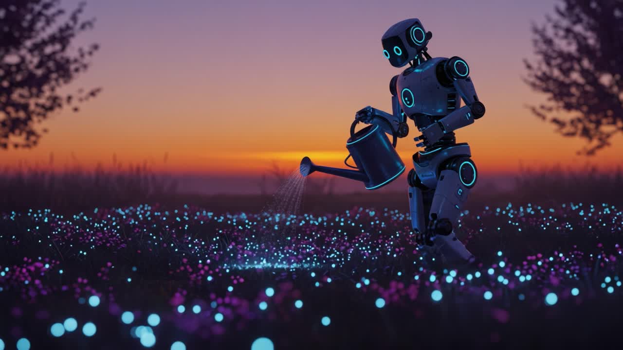 A robotic gardener delights in nurturing a luminous field at dusk, utilizing a watering can to cultivate vibrant blossoms amidst a digital landscape under a colorful sunset