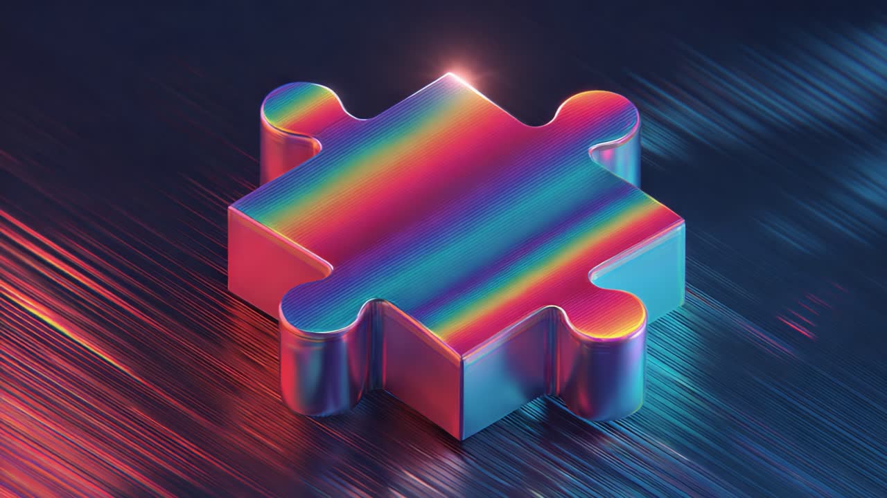 A Vibrant, Iridescent Puzzle Piece Emphasizing Colorful Patterns Against a Dynamic Background, Showcasing Artistic Elements of Design and Imagination