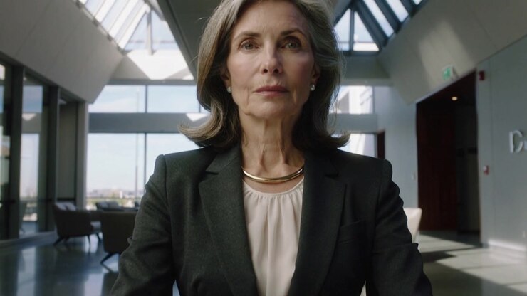 Pulling back revealing woman holding dark notebook in atrium to show face, in blazer, gold necklace
