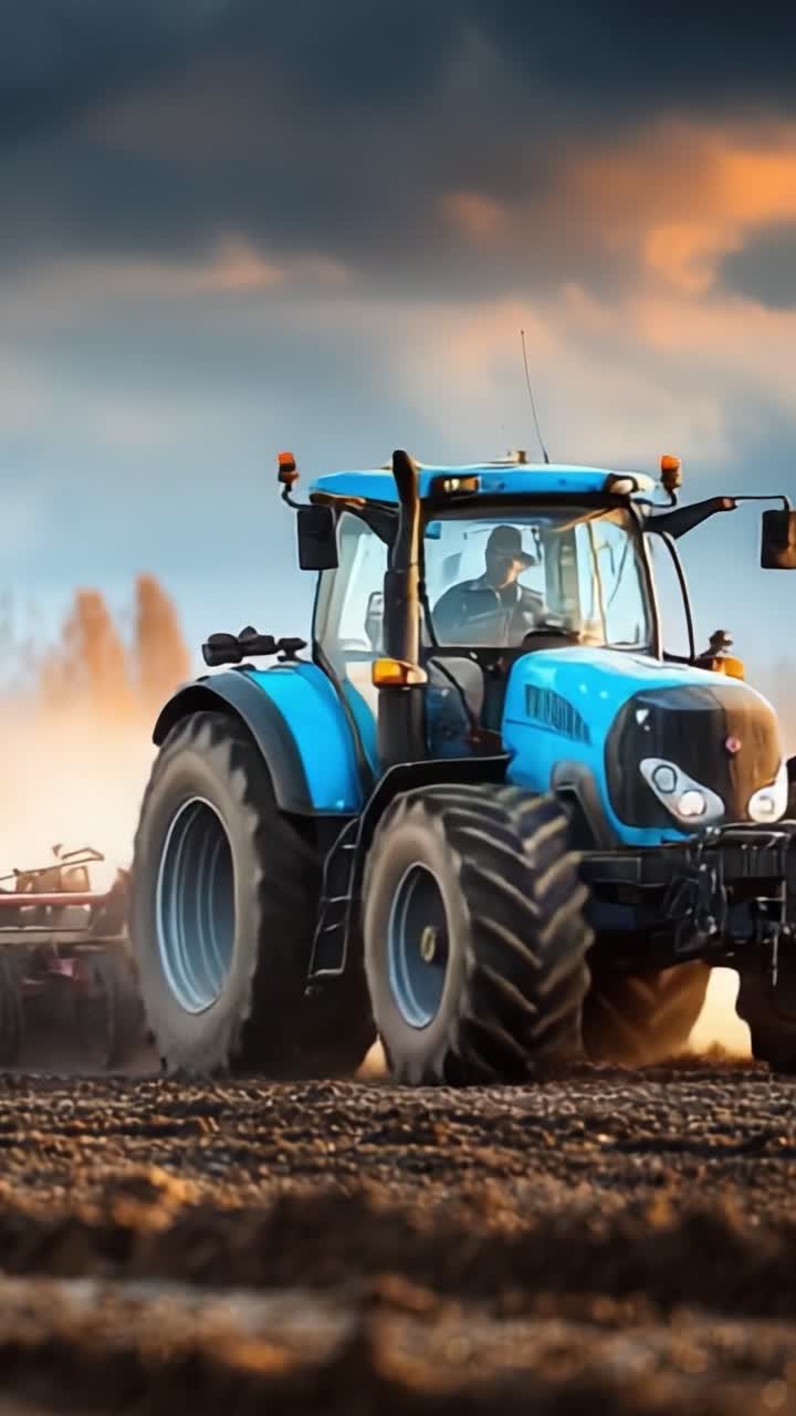 Un potente trattore blu che lavora i campi, arando il terreno con precisione ed efficienza sotto un cielo drammatico, mettendo in mostra l'efficienza agricola moderna.