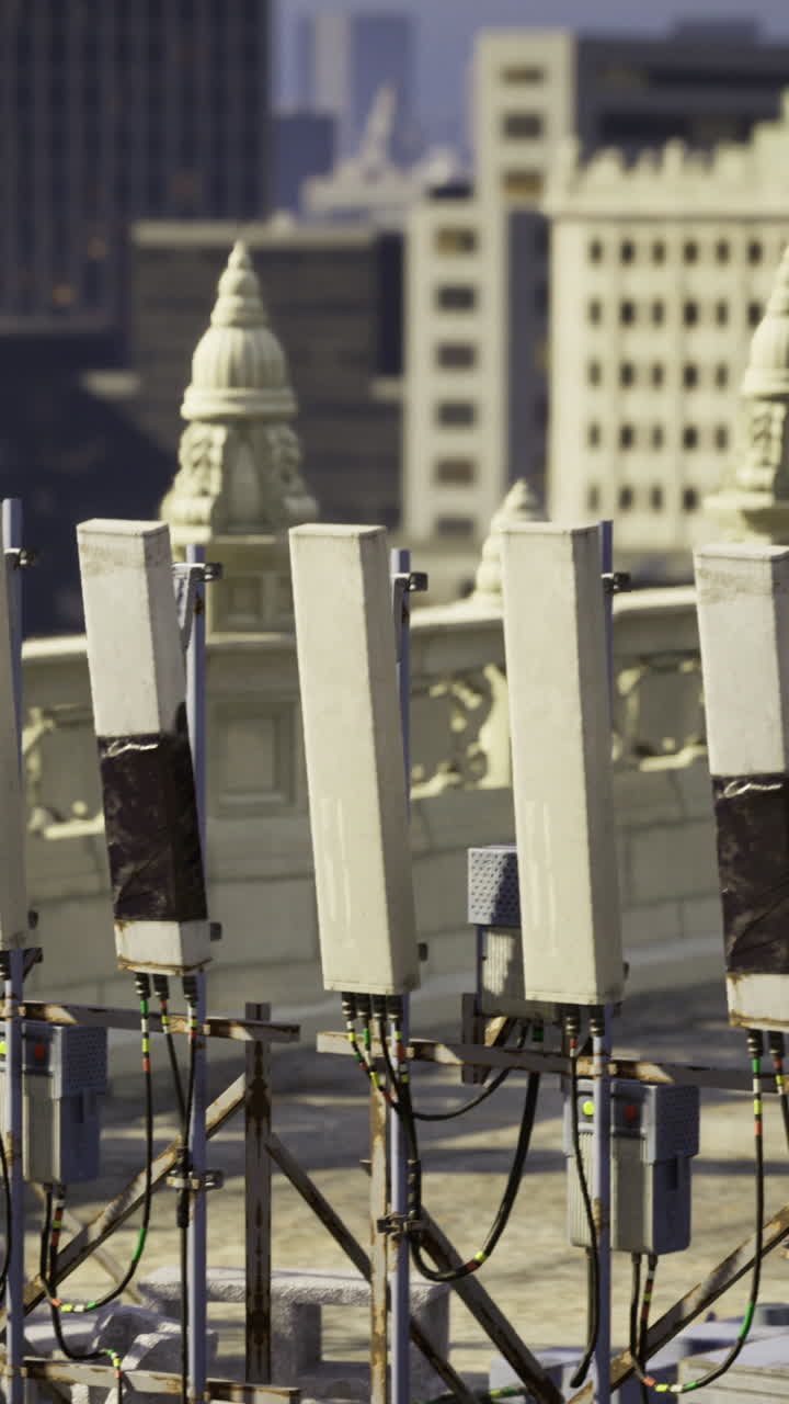 Rooftop utility equipment with city buildings in the background during daylight