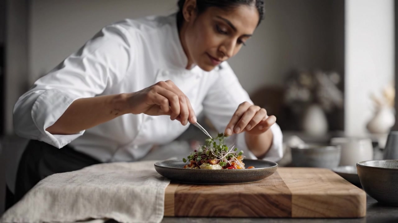 A Culinary Artist Carefully Arranging Fresh Ingredients on a Gourmet Plate in a Stylish Kitchen, Showcasing the Art of Food Presentation and Creativity