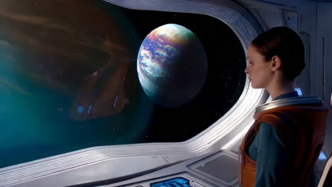 woman observes a vibrant alien planet from a futuristic spaceship window