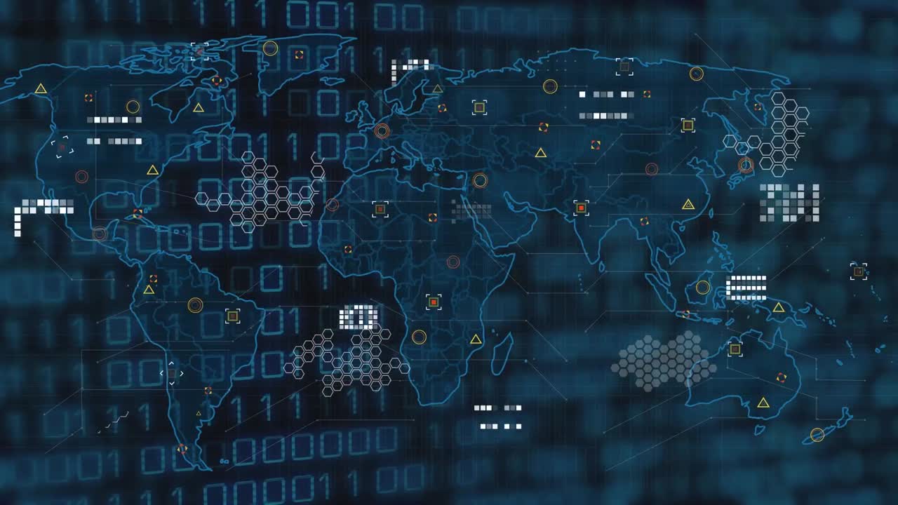 Animation of binary code over world map and icons on black background