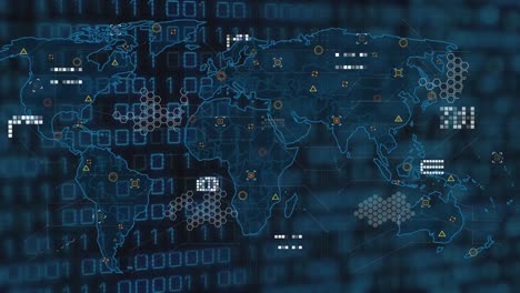 animación de código binario sobre el mapa del mundo e iconos sobre fondo negro