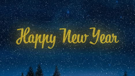 animation of happy new year text over glowing stars on blue background