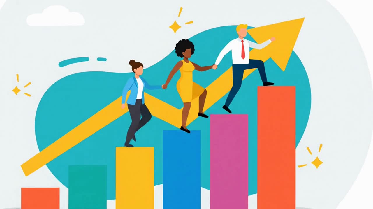 Diverse businesswomen collaborating and running up a colorful financial growth chart arrow