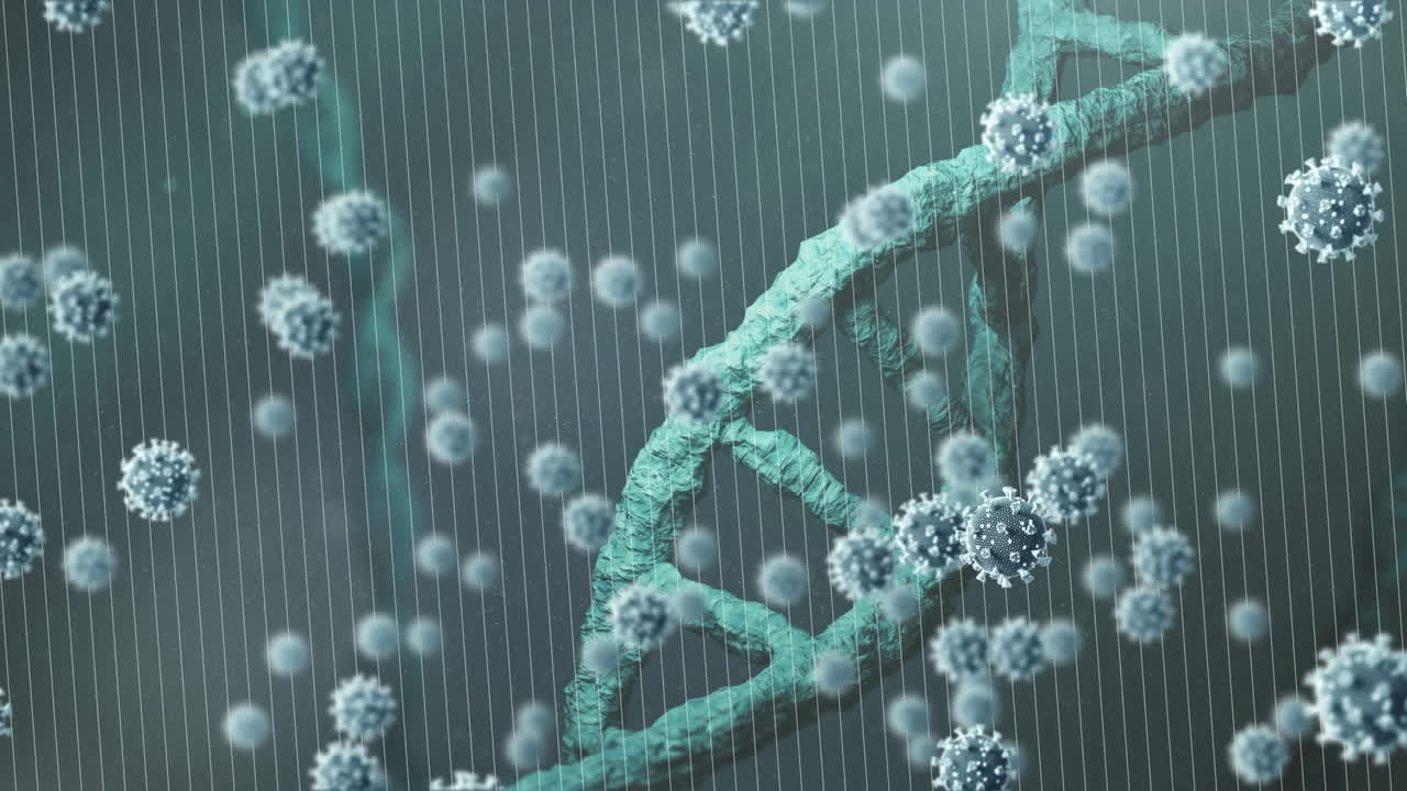 Animation de brin d'ADN en rotation sur des cellules de coronavirus