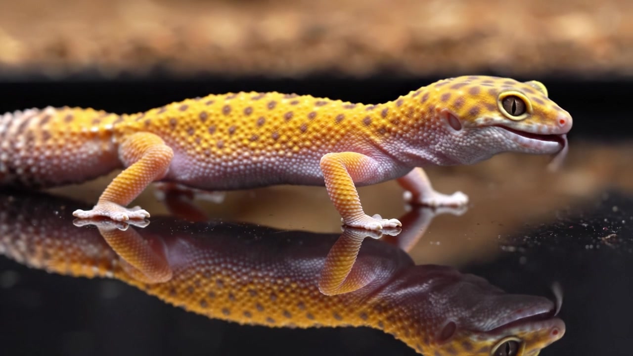 Una vista ravvicinata di un geco leopardo dai colori vivaci con motivi distintivi e superficie riflettente in un ambiente sereno che ne evidenzia le caratteristiche uniche