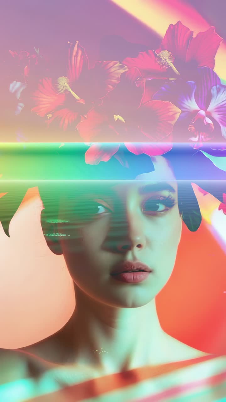Vertical video: Capturing woman holding gaze as neon bar moving across face in studio, flower crown