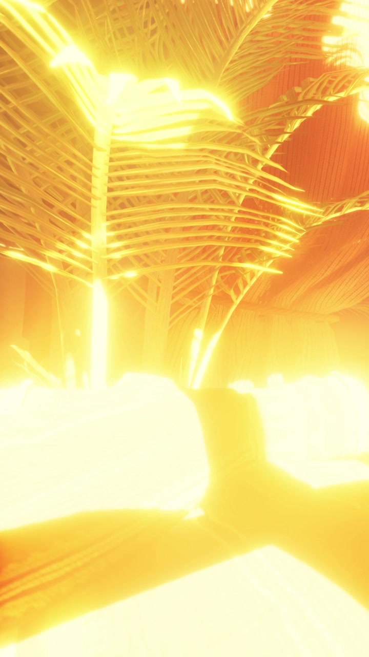 Bright light shining through palm leaves in a tropical setting during sunset