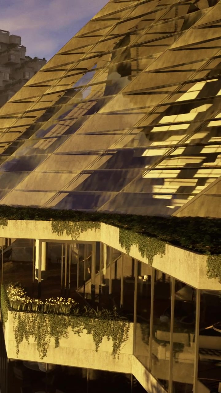 Edificio moderno con vegetación en un entorno urbano durante el atardecer.