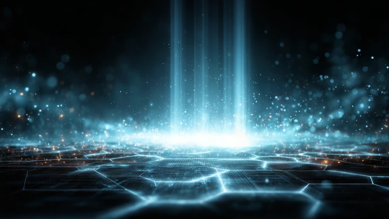 An Abstract Visualization of a Futuristic Digital Environment with Glowing Particles, Radiating Light, and a High-Tech Grid Pattern Illuminating a Dark Background