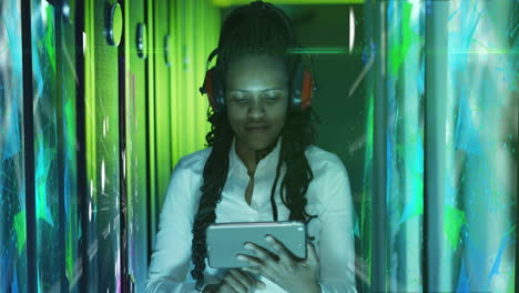 Animation-of-data-processing-over-african-american-female-it-engineer-and-computer-servers