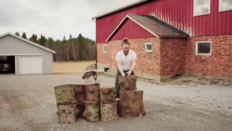 man using axe in chopping woods outdoors - wide shot