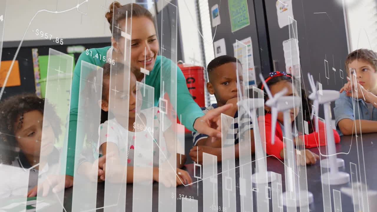 animación de gráficos que procesan datos sobre diversas maestras y niños en clase de ecología