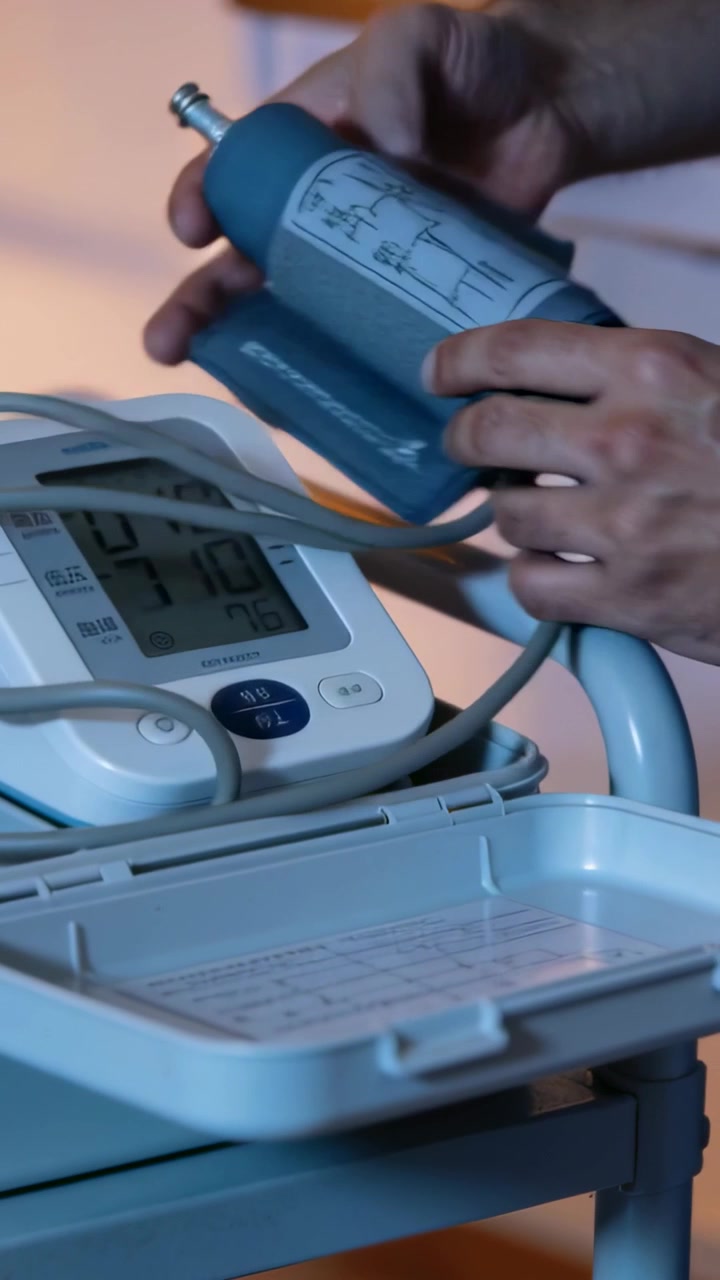 Video verticale: Premendo un pulsante, un tecnico in camice resetta il monitor della pressione sanguigna per la misurazione, preparando il bracciale.