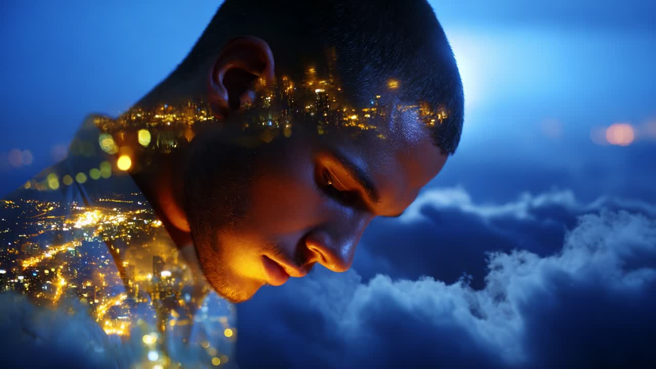 A introspective individual gazes downwards, their profile illuminated by warm lights, showcasing a beautiful double exposure effect that blends cityscapes with clouds, creating a surreal atmosphere of contemplation
