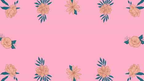 animación de enorme texto de venta en negro, sobre mancha azul y roja con flores en fondo rosa