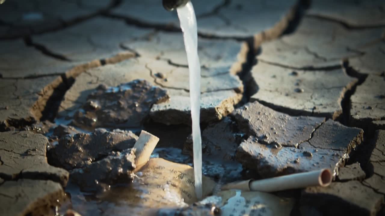Can spout pouring water onto cracked soil pooling mud revealing printed sheet showing soil recovery