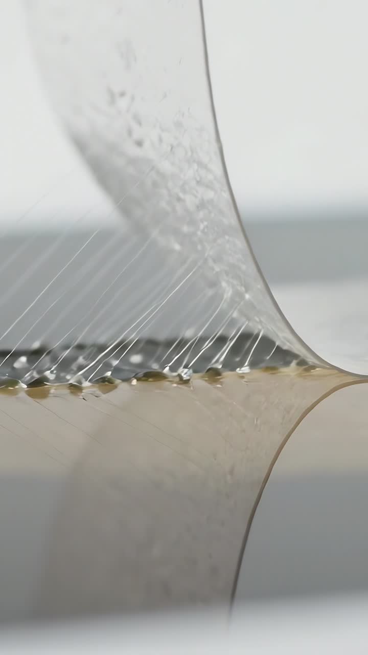 Video verticale: Sollevamento del bordo di una pellicola che si stacca da una scrivania per la rimozione, mostrando perline e filamenti.