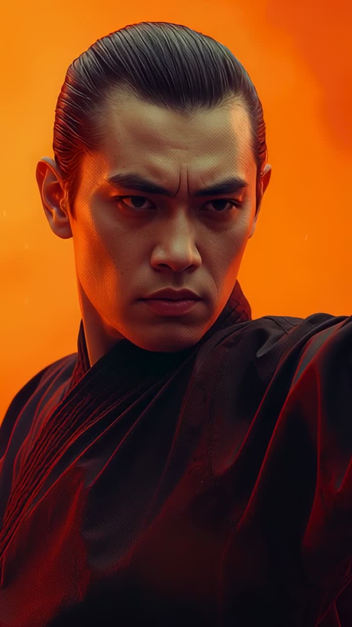 Vertical video: Martial artist wearing gi shifting, extending arm against orange backdrop, striking