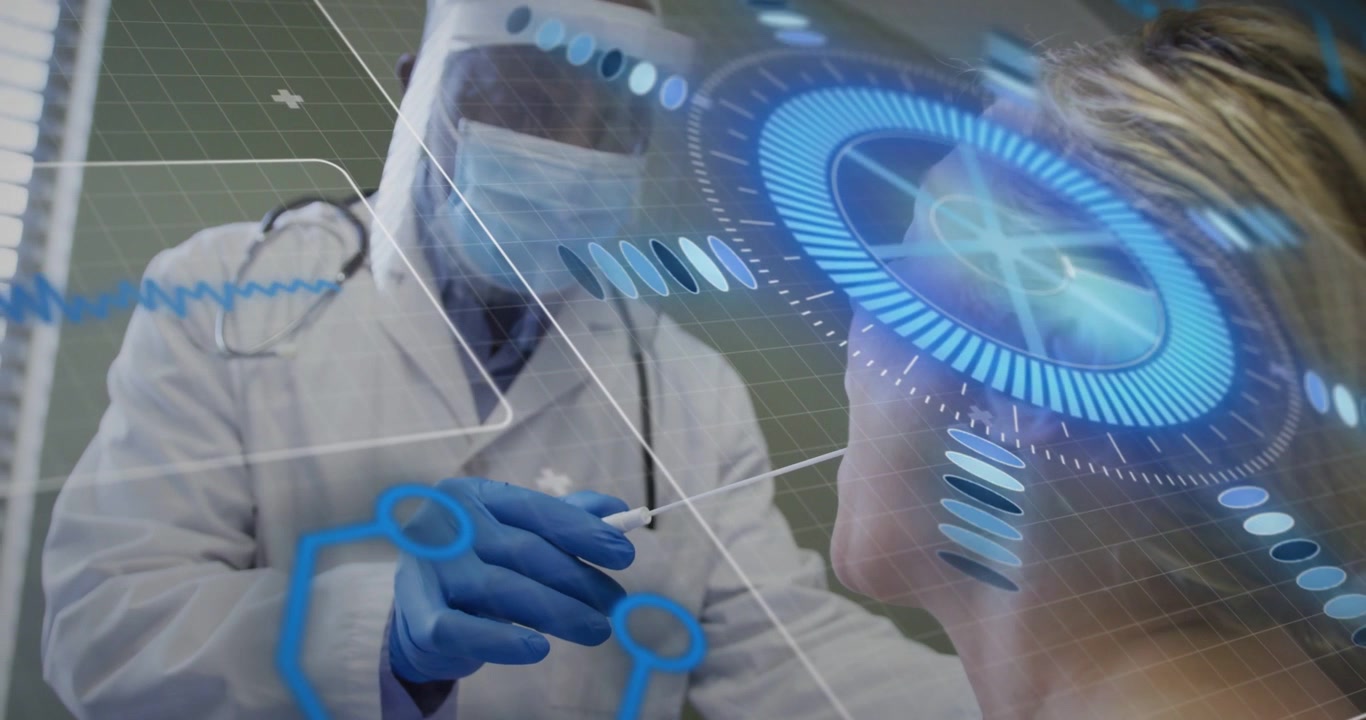 Un clinico avvicina e inserisce un tampone per test diagnostici mentre le sovrapposizioni di realtà aumentata (AR) si intensificano.