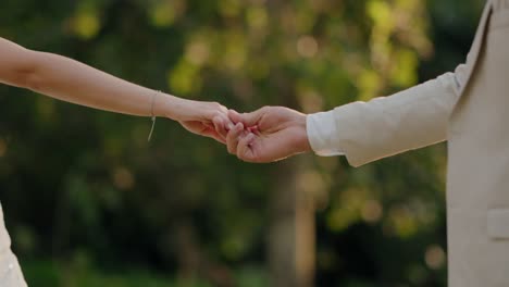 bride and groom gently holding hands with blurred greenery in the background