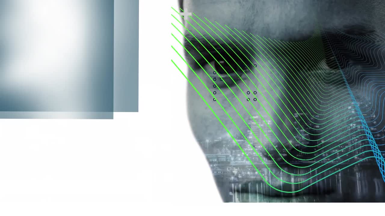 animación del paisaje urbano y las líneas que se mueven sobre la cara del hombre