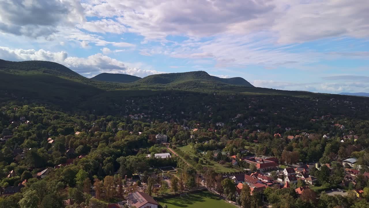 Amazing aerial view of Leányfalu, located at the foot of the Visegrád Mountains, on a sunny day in Hungary