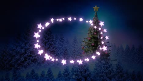 Animation-of-fairy-light-frame-with-copy-space-over-fir-trees-and-winter-scenery