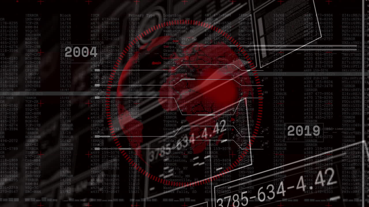 Digital data and numbers overlaying red globe and geometric shapes animation