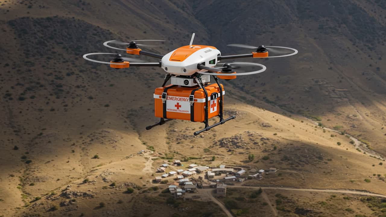 Aerial Delivery of Medical Supplies by Drone, Showcasing Advanced Technology in Emergency Response and Remote Healthcare Solutions in Challenging Terrain
