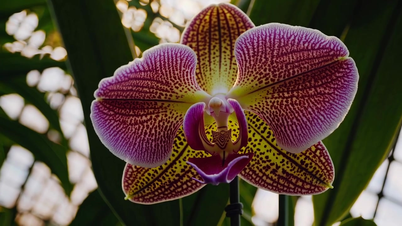 Primo piano di una vivace orchidea maculata in una serra