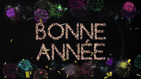 Animation-of-fireworks-and-text-bonne-annee-on-black-background