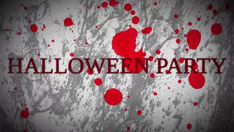 Animation-Von-Halloween-Partytext-Und-Blutflecken-Auf-Weißem-Und-Grauem,-Bewegtem-Hintergrund