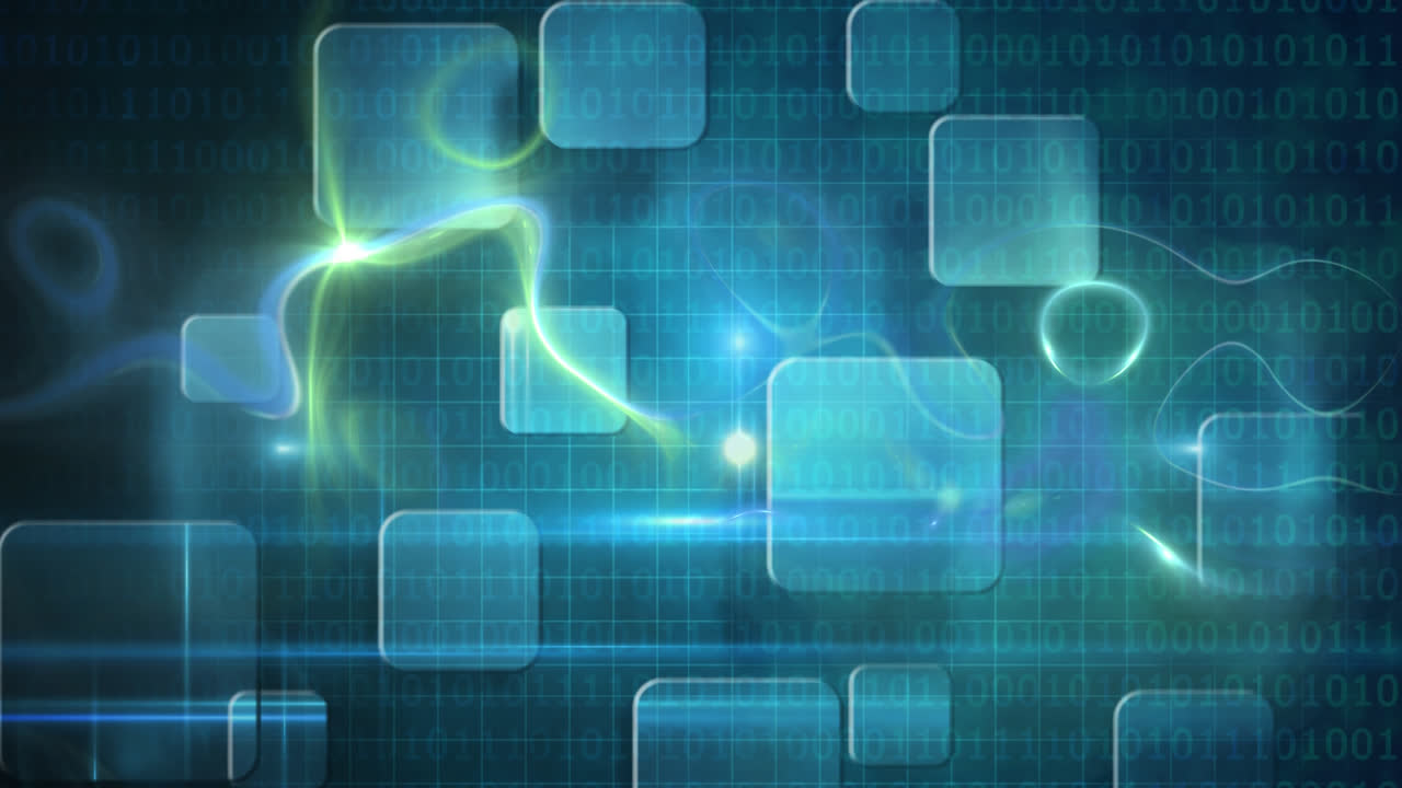 animación de un globo brillante girando y números y moléculas flotando con cuadrados azules flotando