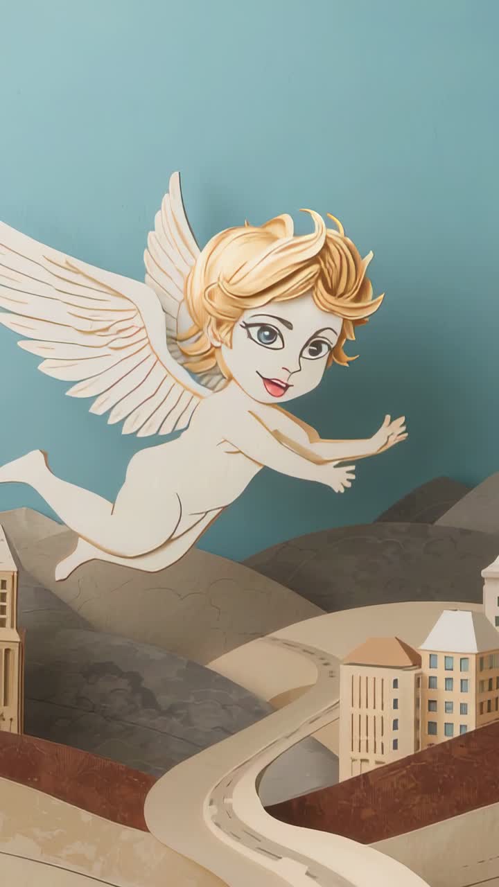 Vertical video: Tilting camera revealing painted cherub over mural hills, showing warm sunlit sky