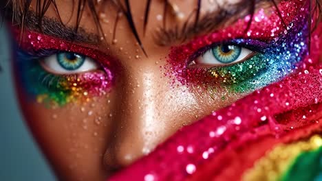 A close up of a woman&#039;s face with colorful makeup