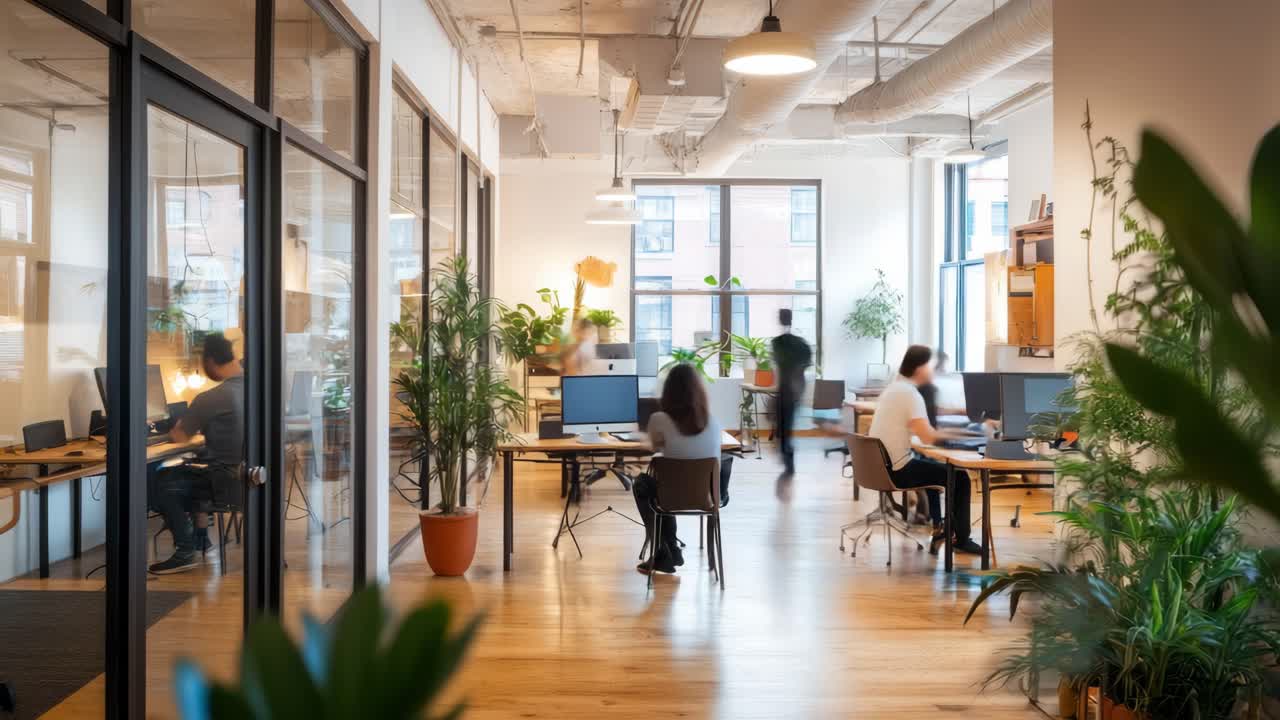 Modern open-plan office with plants and natural light