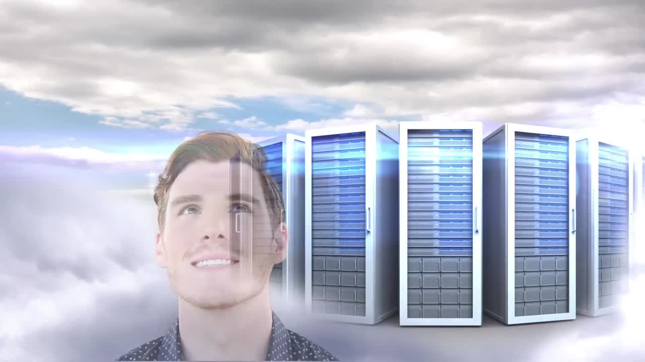 Animation of happy businessman over data processing and computer servers