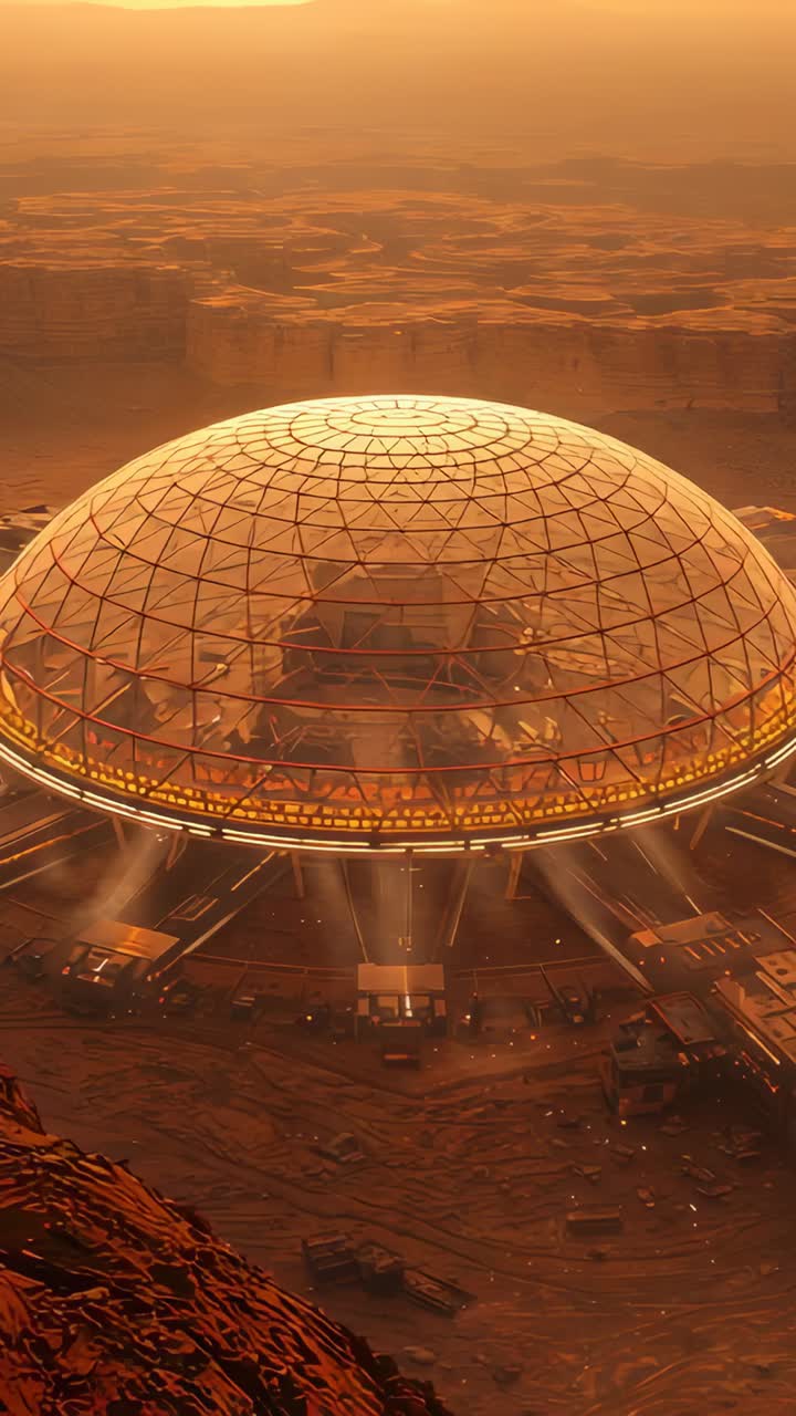 Vertical video: Pulling back camera revealing geodome habitat on canyon plain, exposing modules